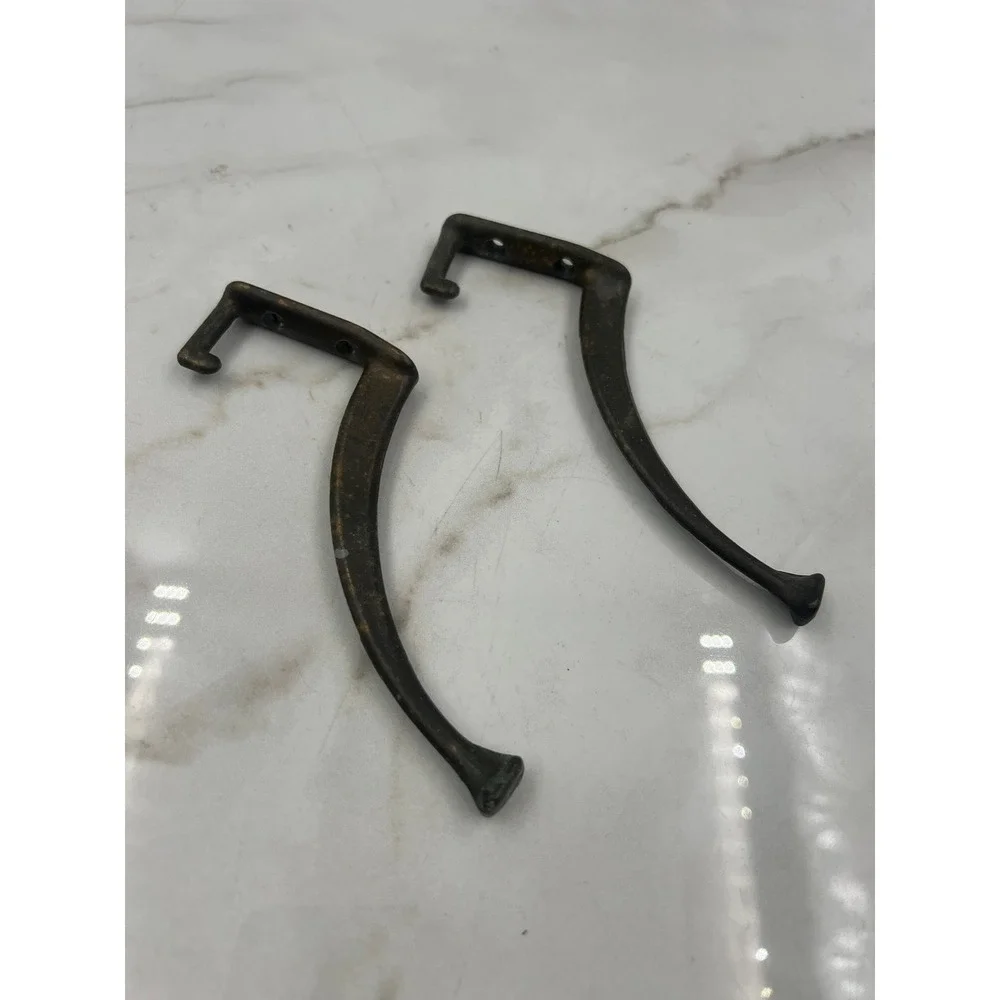 Vintage Brass Double Wall Hooks Pair Antique Patina Heavy Duty Coat Hat Hooks